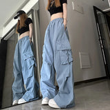 Yipinpay Quality Cargo Pants For Women Korean Fashion Casual Pockets Baggy Trousers Baggy Wide Leg Pant Streetwear Sweatpants Female