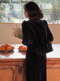 Yipinpay Black Velvet Midi Dress Women Sexy Hollow Out Sequins Design Y2k Dress Vintage Casual Evening Party Dress 2023 Autumn