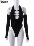 yipinpay 2023 Summer Fashion Women Sexy Skinny One Pieces Bodysuit Rompers Club Outfits Halter Hollow Out Y2K Mesh Black Body Tops