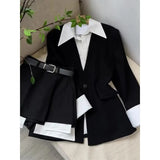 Yipinpay 2023 New Fake Two Piece Suit Jacket Top Half Skirt Shorts Wide Leg Short Pants Two Piece Set Y2k Black Blazers Shirts