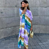 Yipinpay 2023 Women Beach Tunic Dress Tie Dye Print Midi Dress Women Short Sleeve Loose Summer Dress Woman Casual Long Dresses