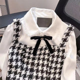 Yipinpay Houndstooth Vest Bow Shirt Blouses for Women Fashion Retro White Shirt Blusas Mujer Tweed Crop Top Casual 2set Spring