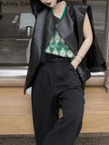Yipinpay Black Leather Vest Women Chic Irregular Design Biker Leather Vest Fashion Trend Loose Thin Pockets Sleeveless Vest