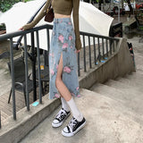Yipinpay Fashion Denim Long Skirts For Womens Summer Blue High Waist Raw Edge Slit Vintage Washed Printing Korean Style Casual Skirts