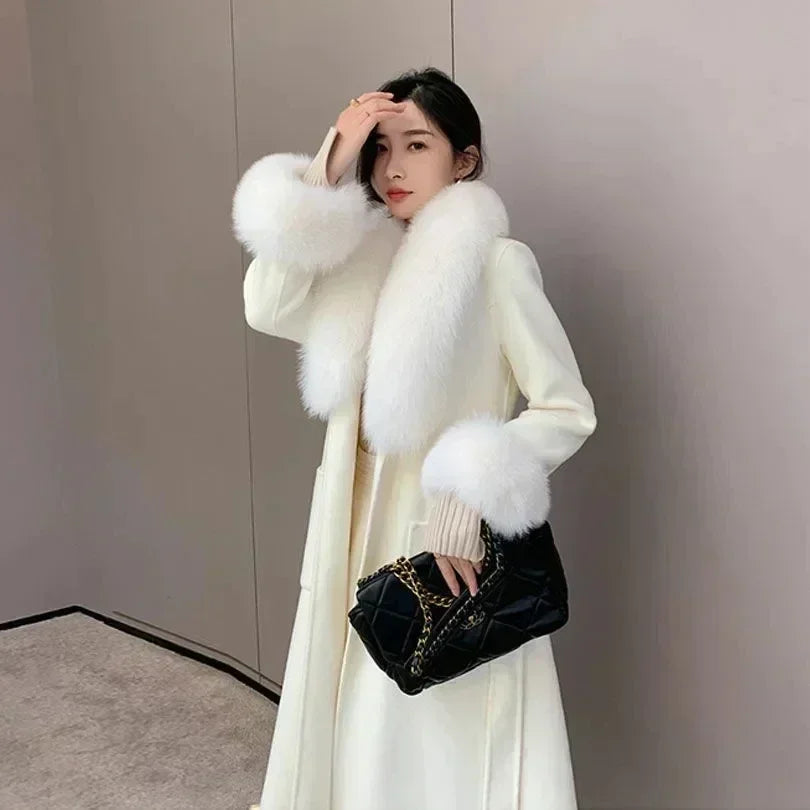 Yipinpay Women Winter Woolen Coats Fur Collar Scarf Cuff Set Warm Fashion Luxury Overcoat Scarves Shawls Female Elegant Solid Thick Coats