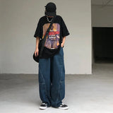 Yipinpay Wide Leg Pants Men's Fashion Baggy Solid Color Stitching Trousers Harajuku Casual Loose Oversize Jeans Men Clothing Y2K