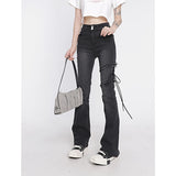 yipinpay Kleidung Flare Jeans Schwarz Schnürung Hohe Taille Stretchy Selbst Anbau Vintage Casual Baggy Damen Denim Hosen Sommer