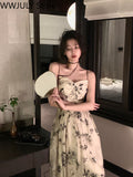 Yipinpay Vintage Floral Strap Dress Casual 2023 Summer Evening Party One Piece Dress Korean Sleeveless Elegant Midi Dress Woman