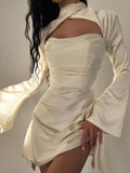 Yipinpay Sleeve Satin Dress White Sexy Evening Wedding Guest Night Dress Party Dress Draped Mini Birthday Dress For Women 2023 lined