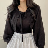 Yipinpay White Bandage Lantern Sleeve Cardigan Short Coat Pull Femme Wild Black Grey Knitwear Top Kimono Cardigan Casual Tshirt