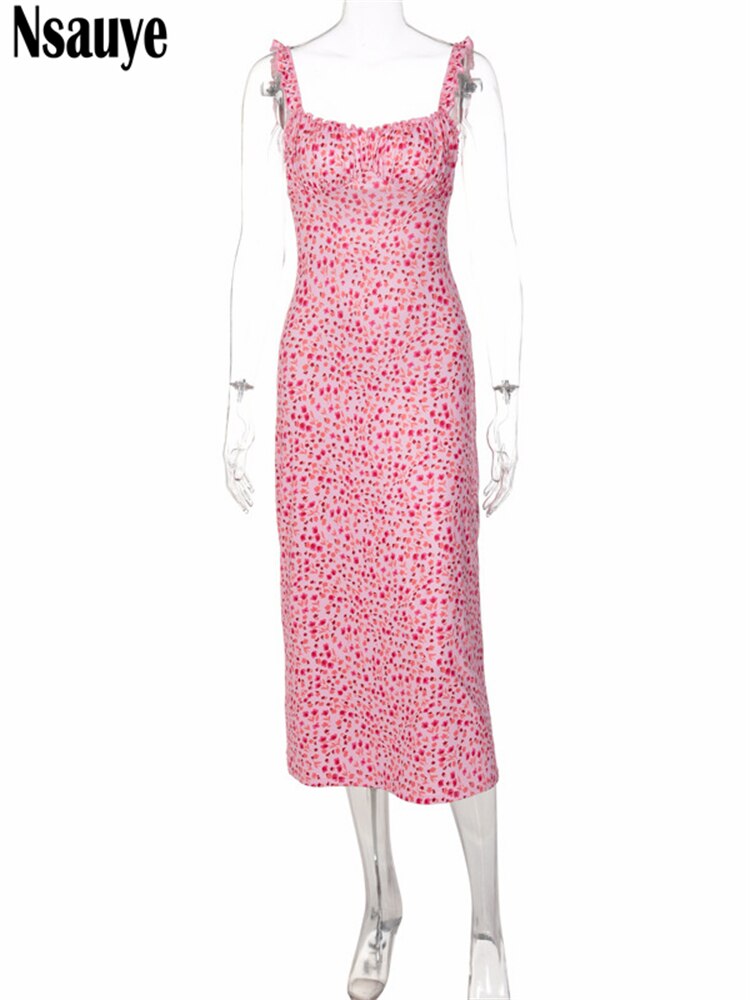 yipinpay 2023 Summer Beach Elegant Women Casual Pink Strap Print Floral Midi Dress Bodycon Women Ruched Party Sexy Club Dresses