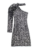 Yipinpay Silver Sequin Dress Woman One Shoulder Glitter Dress Women Asymmetric Sexy Short Dresses Long Sleeve Evening Party Dresses