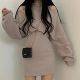 Yipinpay Knit Vest Turtleneck Dress Crop Long Sleeve Off Shoulder Sweater Top Two Piece Sets Vestidos Mujer 2023 Clothes Women