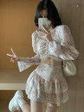 Yipinpay Summer Sweet 2 Piece Dress Set Woman Korean Fashion Suit Beach Floral Y2k Mini Skirt + Casual Lace Crop Tops Elegant Chic