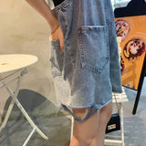 Yipinpay For Women Summer Denim Shorts Raw Edge Ripped Korean Style Jeans Pants Blue High Waist Baggy Casual Y2k Fashion Shorts