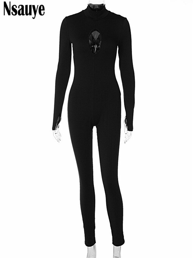 yipinpay Long Sleeve Skinny Sport Jumpsuit One Pieces Women 2023 Hollow Out Bodycon Black Sexy Clubwear Outfits Body Tops Winter