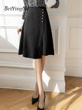Yipinpay Women's Knee-length Skirts Single-breasted Chic Korean Fashion A-line Skirt Lady Simple Luxury Office Wear OL Skirts