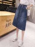 Yipinpay Vintage Denim Skirt Drawstring High Elastic Waist Pockets Streetwear Midi Jeans Skirts Women Oversized Split Bottoms