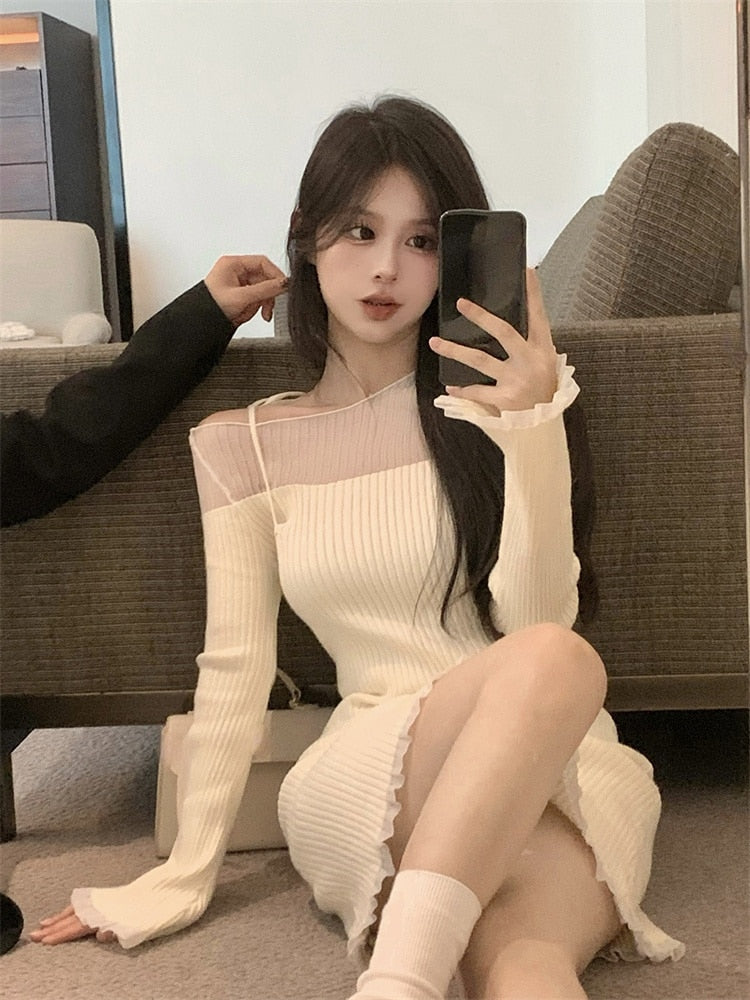 Yipinpay Bodycon Y2k Mini Dress Female Party Casual One Piece Dress Korean Fashion 2023 Spring French Elegant Knitted Dress Woman
