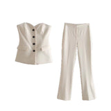 Yipinpay 2Pcs Ladies Solid Blazer Sets 2023 Pretty Strapless Single Breasted Tops+Slit Straight Trousers Basic Zipper Pants