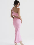 Yipinpay 2 Pieces Set Sexy Elegant Pink One Shoulder Crop Top and Long Skirt Set Satin Evening Night Party Dresses Women Outfit 2023