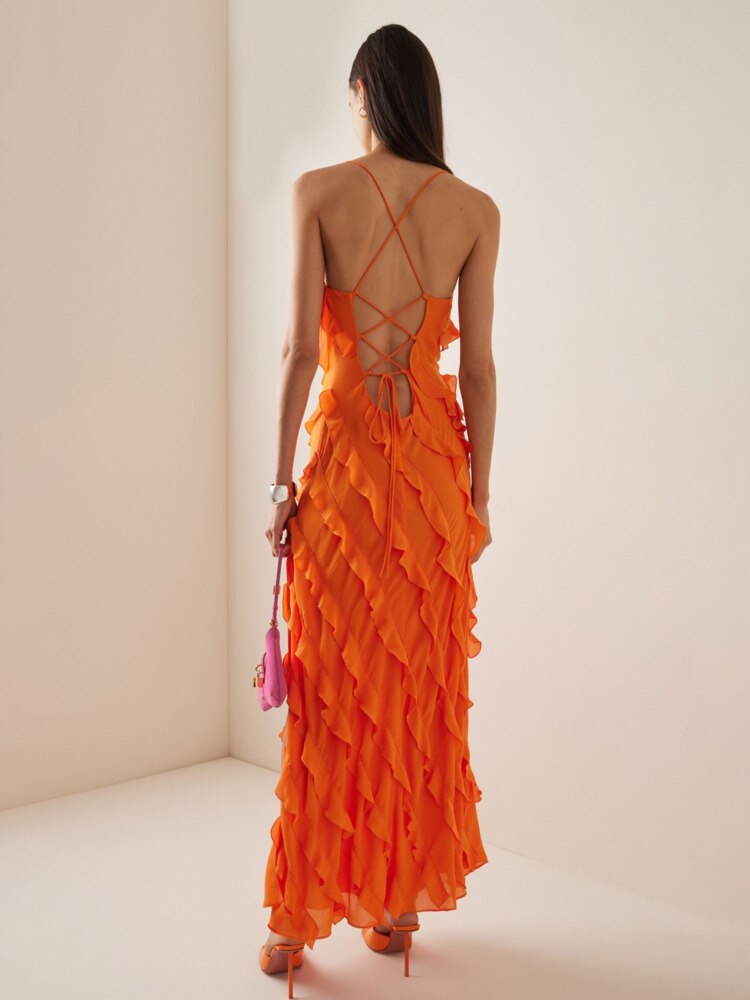 Yipinpay MO 2023 Fashion Spaghetti Strap Bandage Backless Maxi Dress For Women Chic Irregular Ruffles Side Splitslim Even Dress