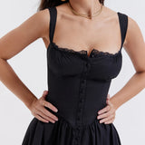 Yipinpay Women Vintage Retro Sleeveless A-Line Corset Dress Summer Lace Patchwork Button Party Beach Club Streetwear Vestido