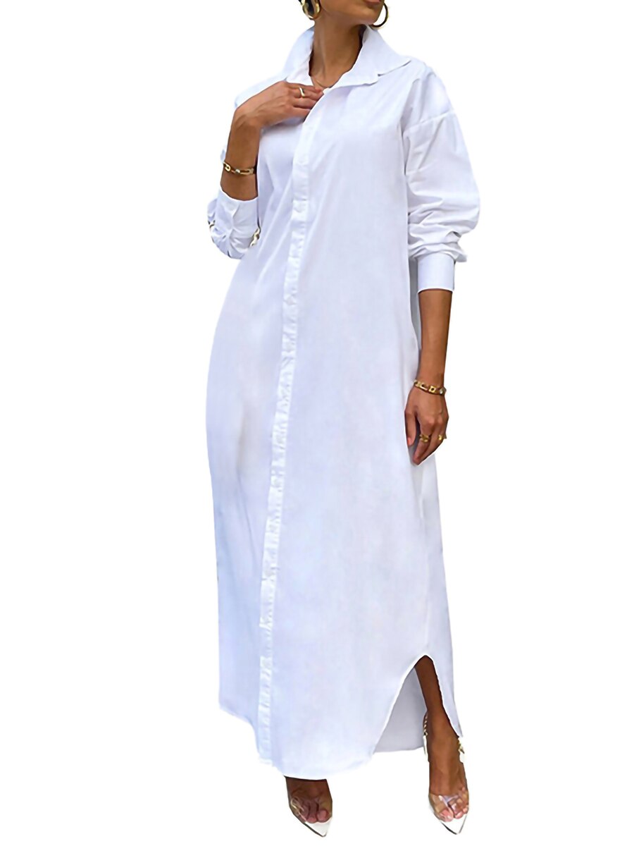 Yipinpay Summer White Long Sleeve Shirt Dress Women Turn-down Collar Button Up Straight Maxi Dress Loose Casual Dresses Vestidos