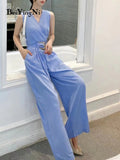 Yipinpay Women Wide Leg Pants Jumpsuit Sleeveless Sashes Casual High Waist Overalls Office Ladies Elegant Playsuits Plain 2023