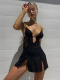 Yipinpay Black Lace Patchwork Sexy Dress For Summer Women V-neck Spaghetti Strap Short Dresses 2023 Femme Backless Party Vestidos