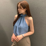 Yipinpay Top Camis Hanging Neck Strap Design Satin Gloss Loose Sleeveless Blouses Blusas Mujer De Moda 2023 Black Shirt Sexy
