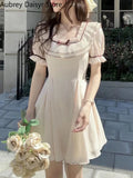 Yipinpay Vintage Bow Mini Dress Women Elegant Hepburn Fairycore Y2k Dress Female Summer One Piece Casual Prom Party Bodycon Dress