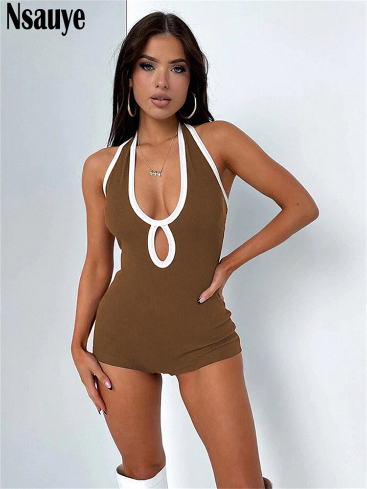 yipinpay Sleeveless Halter Women Knitted Ribber Hollow Out One Pieces Y2K Rompers Playsuit Sexy Summer Sport Club 2023 Bodysuit