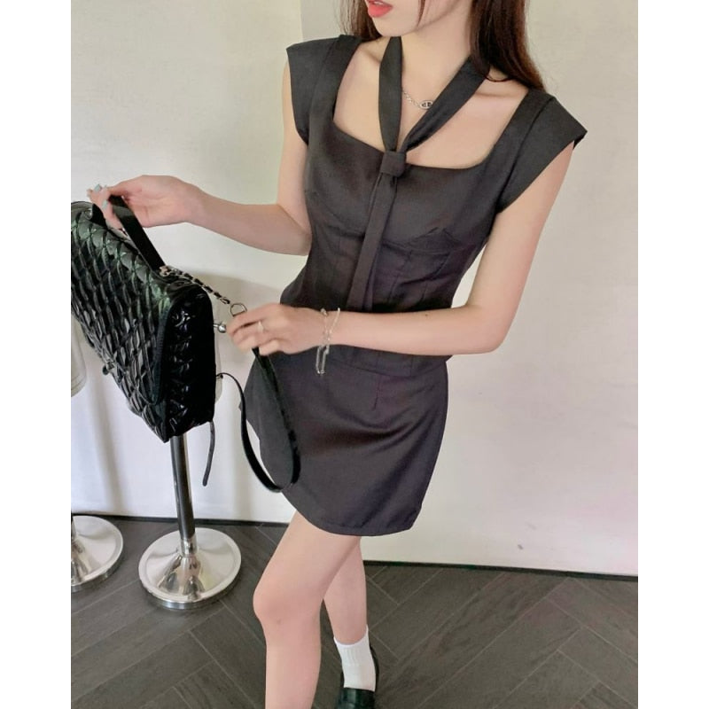 yipinpay Grey Dress Womens Suit Straps Dress Two Piece Set Sleeveless Fashion Y2K Suspender Simple Female Temperament Party Skirt