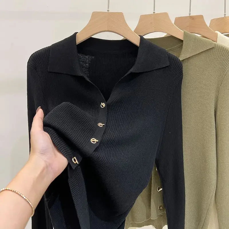 Yipinpay New Lapel Sweater Spring and Autumn Solid Color Button Design Knitted Bottoming Shirt with Slim Top