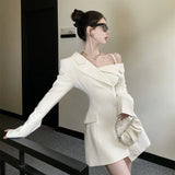 Yipinpay Chic Fashion Elegant Temperament Off Shoulder Dresses Spring 2023 Irregular Slim Button Up Blazer Vestidos Mujer Dress