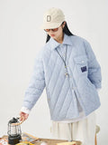 Yipinpay Elegant Striped Shirt Jacket Turn-down Collar Single Breasted Argyle Quilted Coat Autumn Winter 2023 Korean Casual Parka