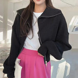 Yipinpay Lapel Double Zipper Cardigan Candy Sueters Mujer Pull Jumpers Y2k Clothes Oversized 2023 Sweaters for Women Black Fall Lazy