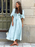 Yipinpay Light Blue Tunic Dress Puff Sleeve Women Twist Vacation Cotton Linen Dress Ladies Boho Casual Chic Dress Summer 2023