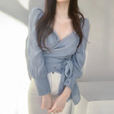 Yipinpay Pleated Tops Blusas Mujer De Moda Bandage Waist Blouse for Women OL One Piece Shirt Sexy Crop Blue Blouse Ropa