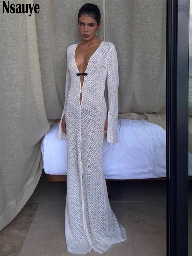 yipinpay Fashion Elegant Sexy Women V Neck Long Sleeve Beach Summer Maxi Dresses Party Holiday Hollow Out Long Dress Women 2023