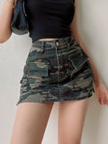 Yipinpay Retro Camouflage Denim Skirts Women High Waist Stretch Split Jean Culottes Mini Cargo Skirt Female 2023 New