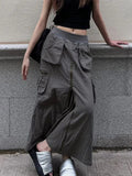 Yipinpay Cargo Skirt Long Women Vintage Harajuku High Waist Pocket Patchwork Zipper Split Grunge Straight Skirt Y2k Streetwear