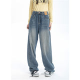 yipinpay Women Blue Jeans Contrasting Colors High Waist American Street Wide Leg Pants Fashion Baggy Vintage Straight Autumn New Trousers