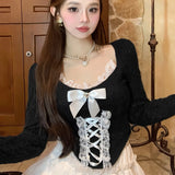 Yipinpay Women's Elegant Long Sleeve Crop Tops Bowknot Lace Patchwork Sweetheart Neckline Spring Fall Casual Slim Fit T-Shirts