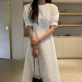 Yipinpay O Neck Puff Short Sleeve Purple Plaid Dress Women Maxi Fashion Korean White Tweed Dress Robe Vestidos Long 2023 Fall