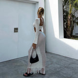 Yipinpay Women Summer 2PCS Outfit Bikini Cover-ups Sets Long Sleeve Tie Up Crop Tops+White Long Knit Hollow Tassels Skirt Suit