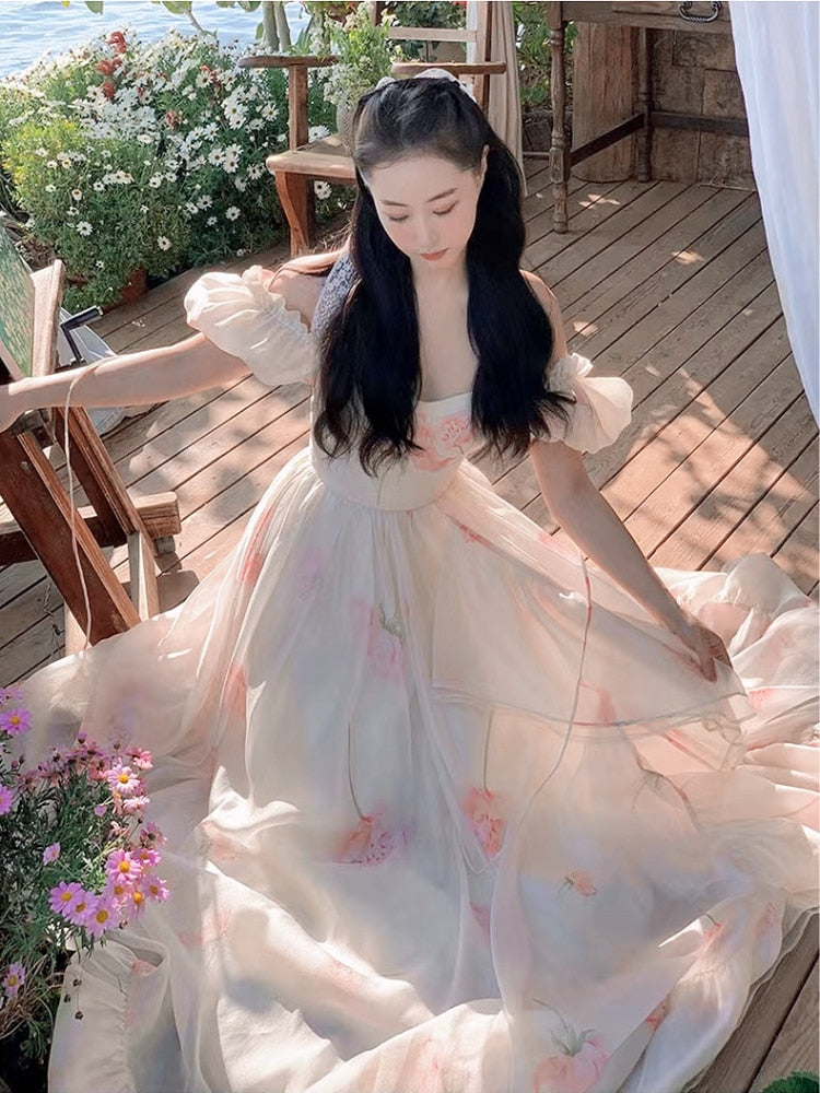 Yipinpay Summer Elegant Beach Floral Dress Fairy Puff Sleeve Midi Dress Office Lady Korean Fashion Evening Party Dress Holiday Chic