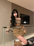 Yipinpay Clothes Sweet Spicy Off Shoulder Colorful Striped Sweater Women's Spring Retro Rainbow Slim Fit Knitted Top Sueters Mujer
