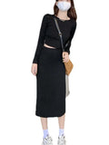 Yipinpay Autumn 2023 New Women's Skirt Suit Vintage Sexy Elegant Fashion Short Long-sleeved T-shirt Top and Midi Skirt 2-piece Set